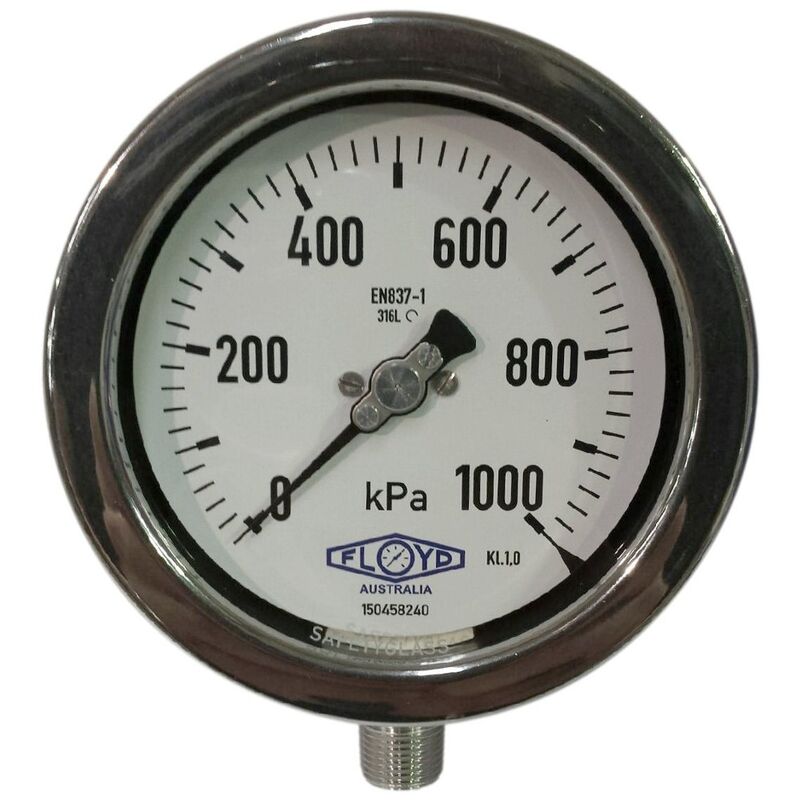 Floyd Pressure Gauge 100mm Bottom Entry 1000 kPa Stainless Steel