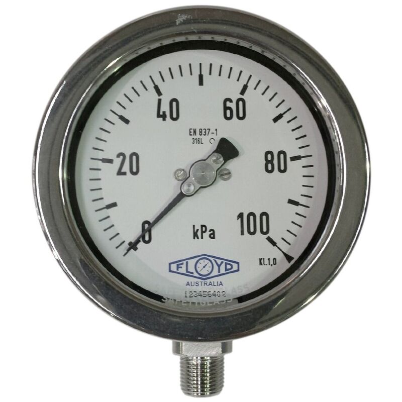Floyd Pressure Gauge 100mm Bottom Entry 100 kPa Stainless Steel