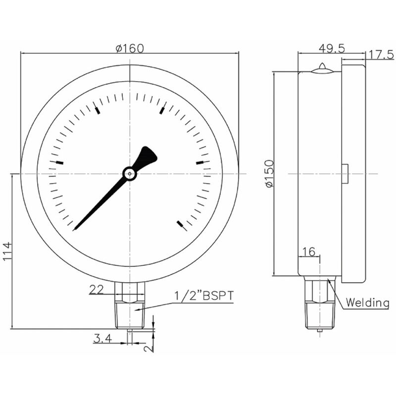 Floyd Pressure Gauge 150mm Bottom Entry 1000 kPa Stainless Steel