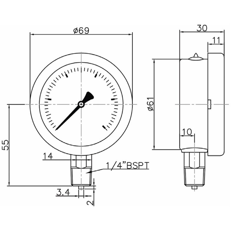 Floyd Pressure Gauge 63mm Bottom Entry 1000 kPa Stainless Steel