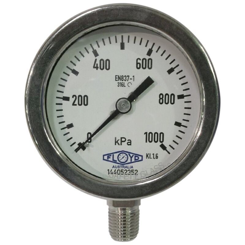 Floyd Pressure Gauge 63mm Bottom Entry 1000 kPa Stainless Steel