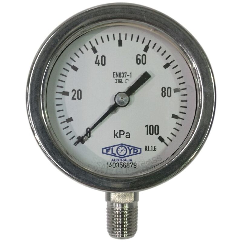 Floyd Pressure Gauge 63mm Bottom Entry 100 kPa Stainless Steel