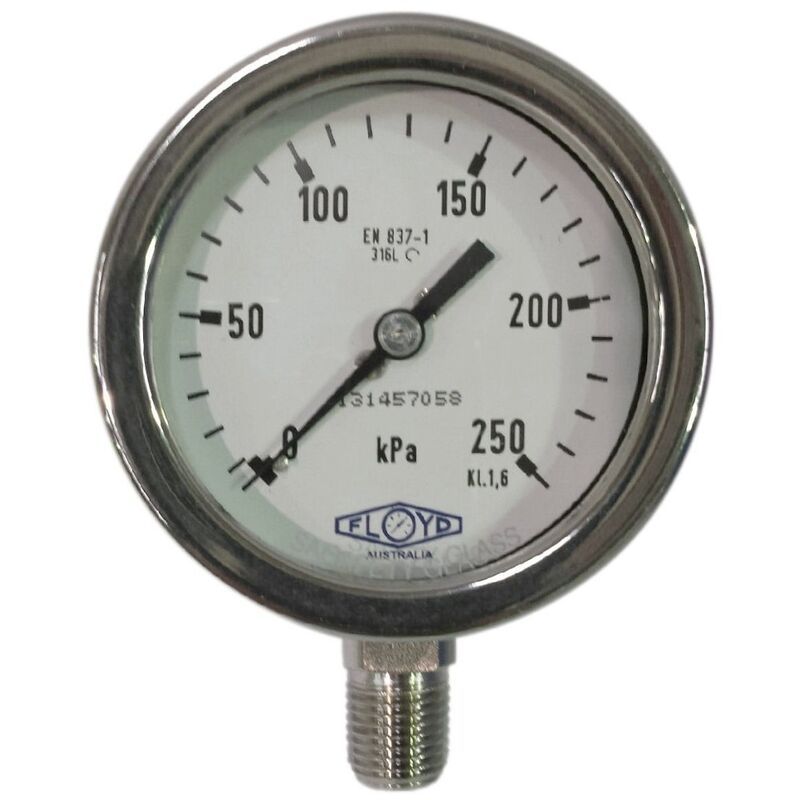 Floyd Pressure Gauge 63mm Bottom Entry 250 kPa Stainless Steel