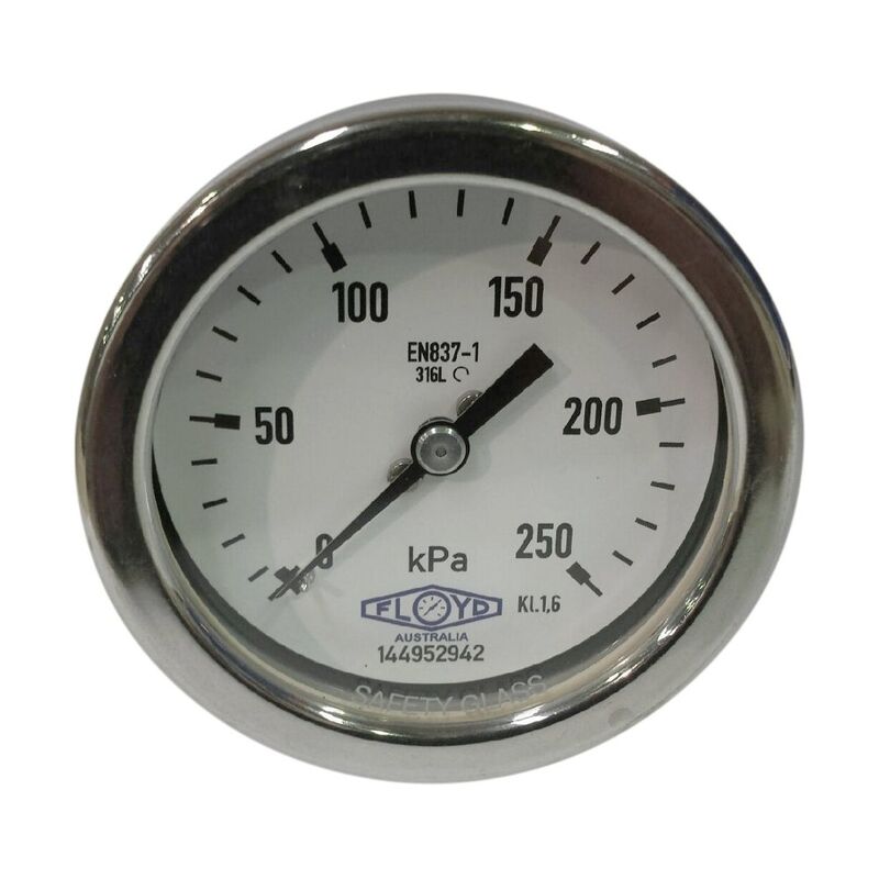 Floyd Pressure Gauge 63mm Rear Entry 250 kPa Stainless Steel