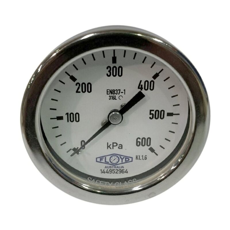 Floyd Pressure Gauge 63mm Rear Entry 600 kPa Stainless Steel